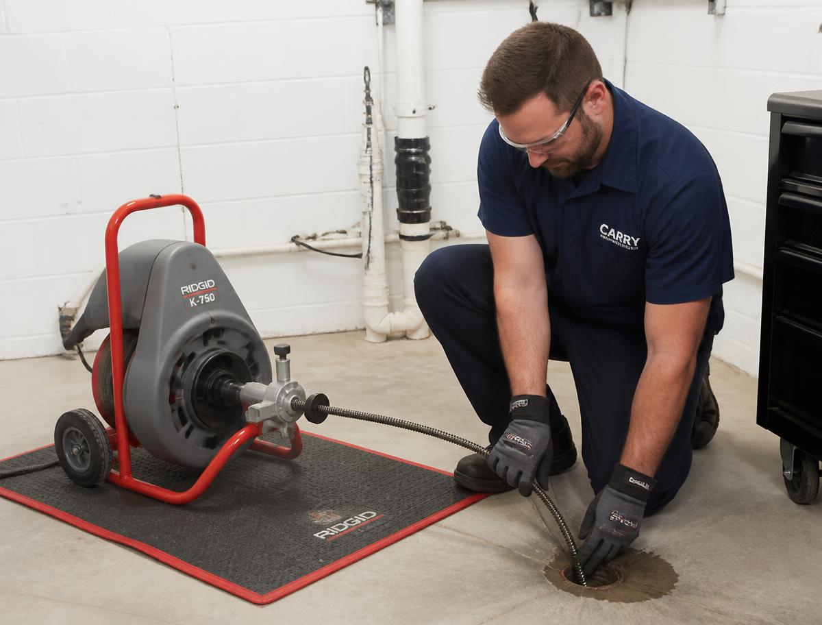 Plumber using a drain auger to clear a blocked basement floor drain in an Etobicoke home