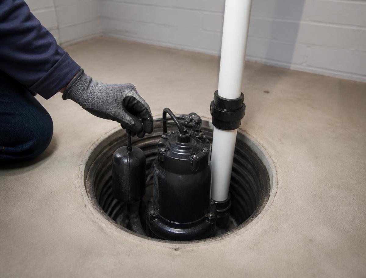Sump pump and discharge piping being serviced in the pit of an Etobicoke basement