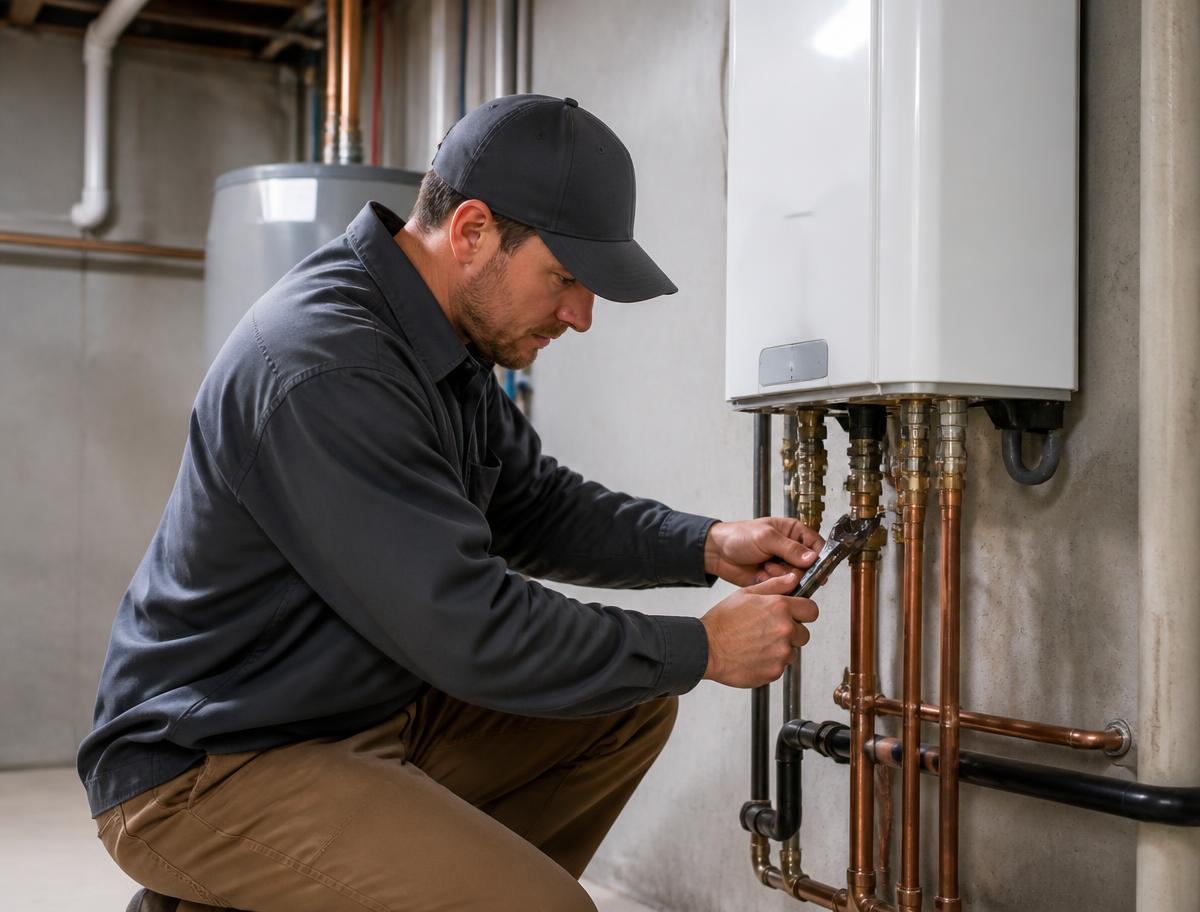 Technician servicing the water connections on a wall-mounted tankless water heater in an Etobicoke basement
